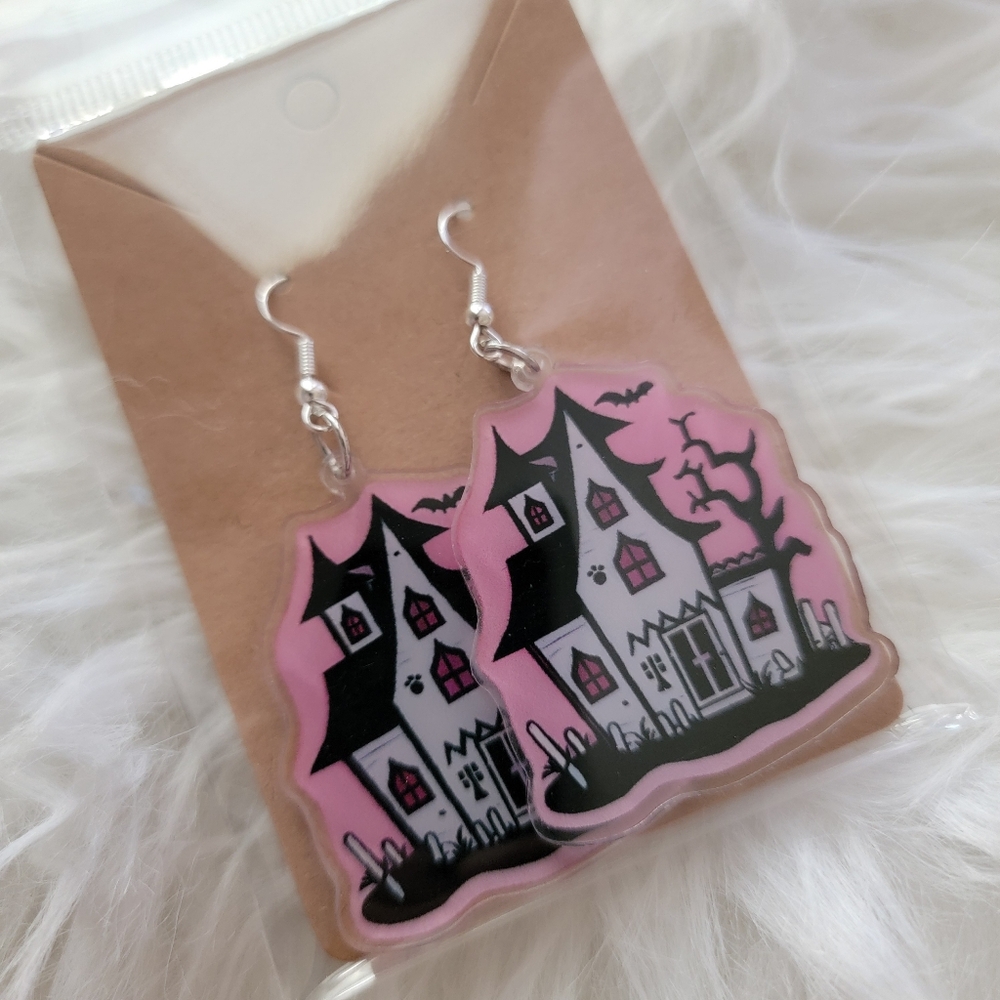 Spooky Pink Haunted House Earrings